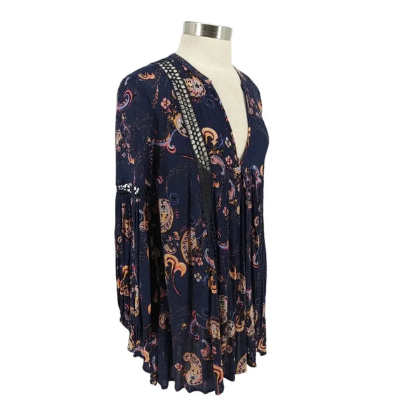 Free People Just The Two Of Us Shift Tunic Dress Navy Paisley Long Sleeve - Picture 3 of 7
